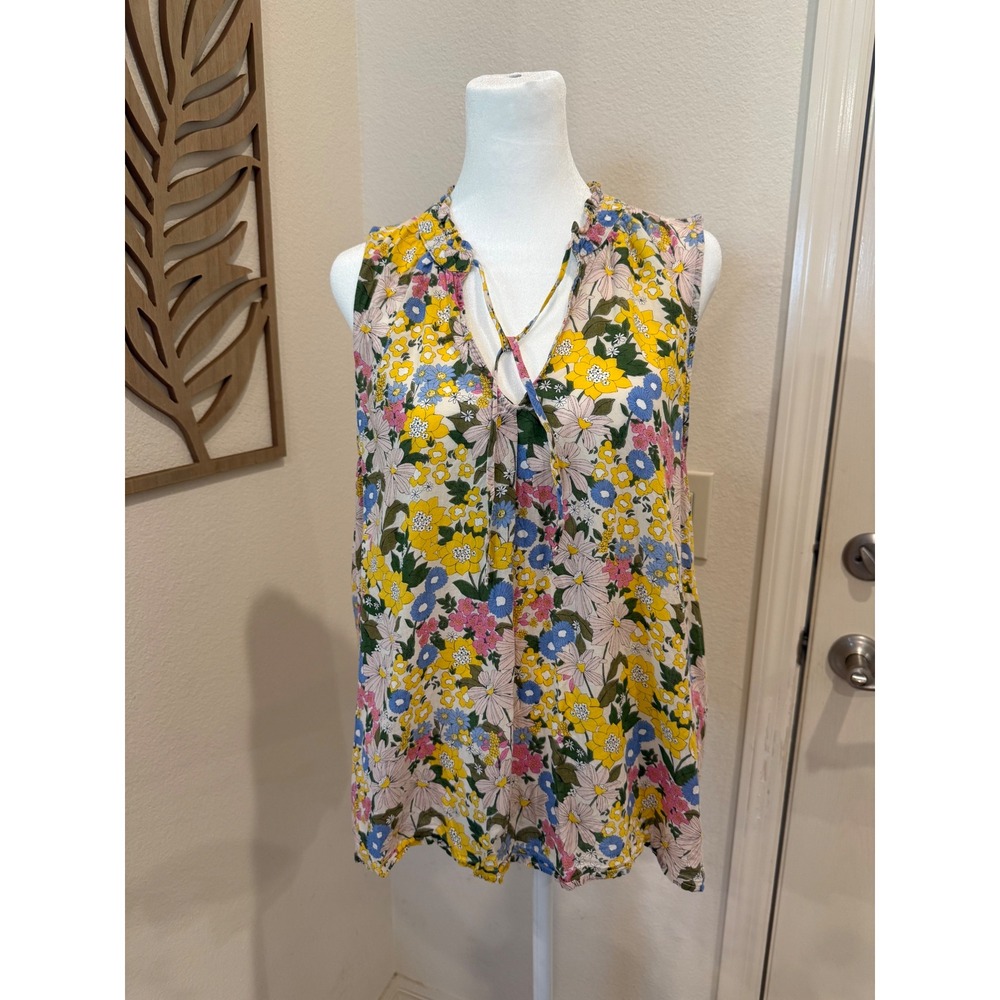 Floral Ruffle Neck Tie Front Sleeveless Blouse Multi Color Boho Top